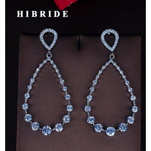HIBRIDE Luxury Round Cut Cubic Zircon Women Bride Drop Earrings Dangle Earring Pendientes mujer moda Wholesale Price E-703