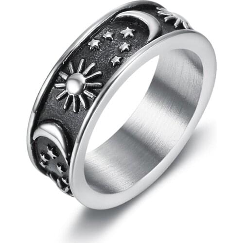 Vintage Sun Moon Star Men WomenTotem Ring Stainless Steel Men Punk Motorcycle Biker Jewelry