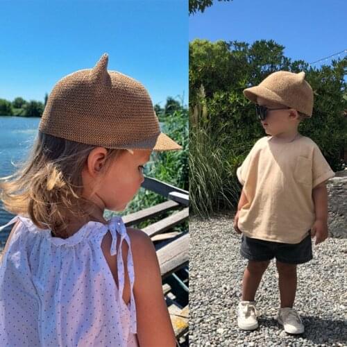 Summer cute baby hat with ears straw mesh baby girl boy hat kids rebound baseball cap children beach sunshade cap