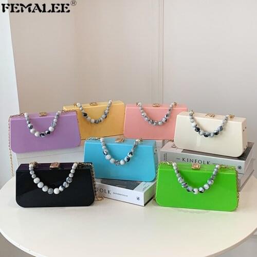 Small Candy Color PVC Handbags For Women Beaded Handle Box Shaped Shoulder Messenger Purses Fashion Chic Female Acrylic Tote Sac