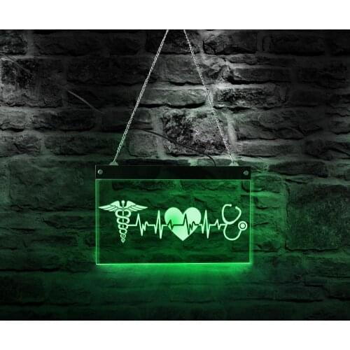 Medical Care Center Decorative Signs Lights Heartbeat Caduceus Echometer Rectangle Light Board Clinic Hospital Acrylic LED Decor