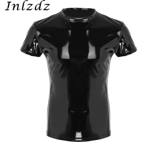 Mens Latex T-Shirt Wetlook Faux Leather Shirt Top Short Sleeve Round Neck Shirt Stage Costume Clubwear Male Muscle Tight T-shirt