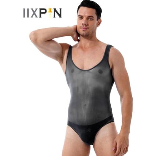 Mens Erotic Lingerie Bodysuit Scoop Neck Sleeveless Skinny Romper Jumpsuit Transparent Glossy Sexy Catsuit Comfortable Nightwear