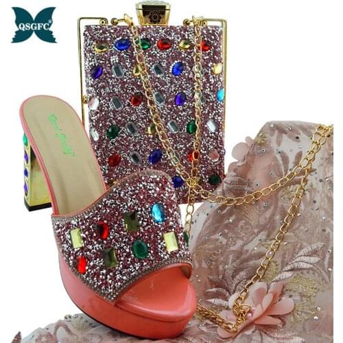 Newest Pink Color talian design Shoes With Matching Bling African Shoes And Bags Set For High Quality Wedding Dress Super High