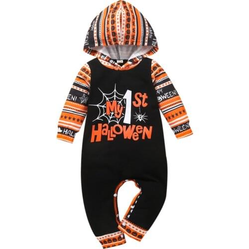 2021 Baby Wear New Infant Hooded Jumpsuit My First Halloween Rompers Letter Pumpkin Print Celebrate Holiday Autumn Clothing