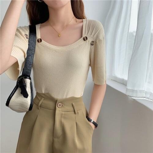 Spring summer new Short sleeve Cashmere sweater womens Square collar knit bottoming shirt female pullover tops t shirt women