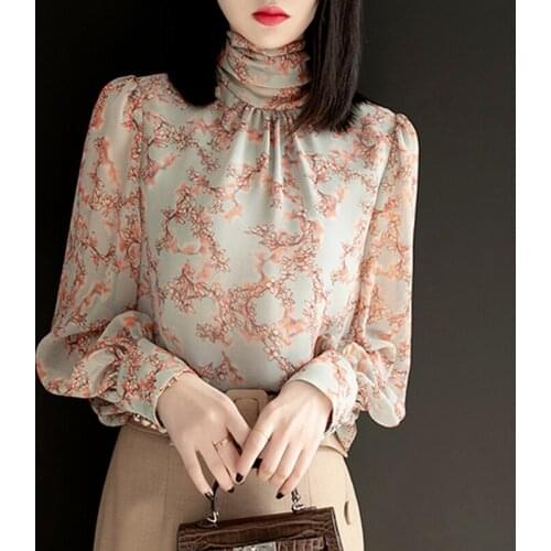 Summer New 2021 Floral Women Blouse Turtleneck Chiffon Lantern Sleeved Slim Office Lady Elegant Pulls Tops