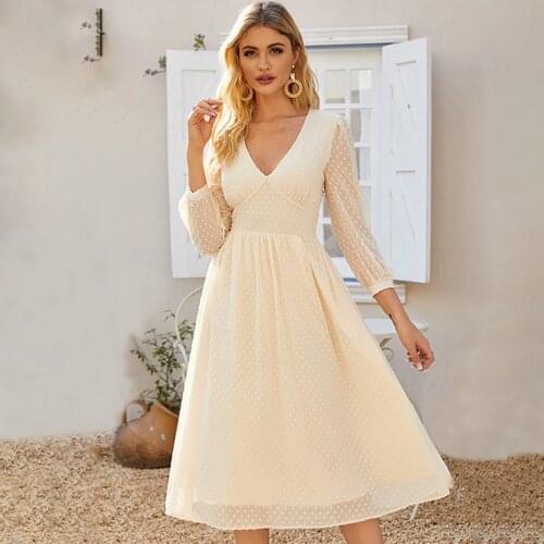 Solid Color White Elegant Dress Women 2021 New Sexy V Neck Perspective Sleeve Slim Fit Summer Autumn Ladies Dresses High Waist