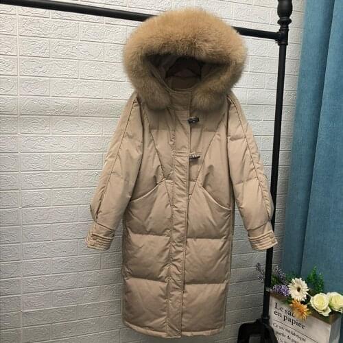 FTLZZ Women New Thick Warm Large Real Fur Hooded Coats Oversized White Duck Down Jackets Long Parkas Female Winter Puffer Jacket