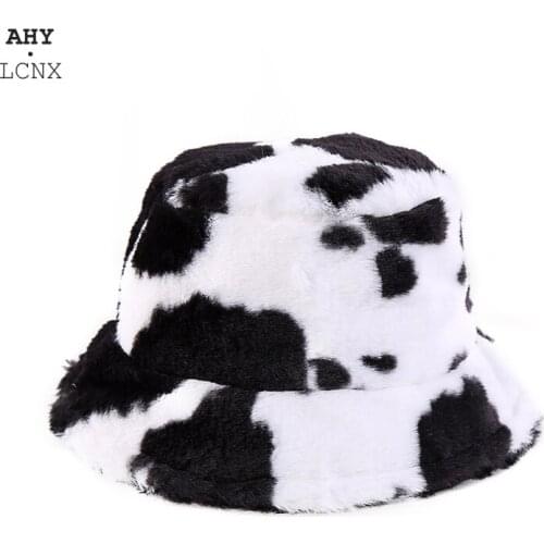 2020 New Fashion New Winter Womens Hat Faux Fur Cow Rainbow Print Panama Bucket Hats For Women Panama Fisherman Caps Gorra