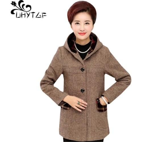 UHYTGF Elegant mother 5XL plus size jacket women Pure color wild hooded spring autumn woolen coat casual warm womens coats 1024