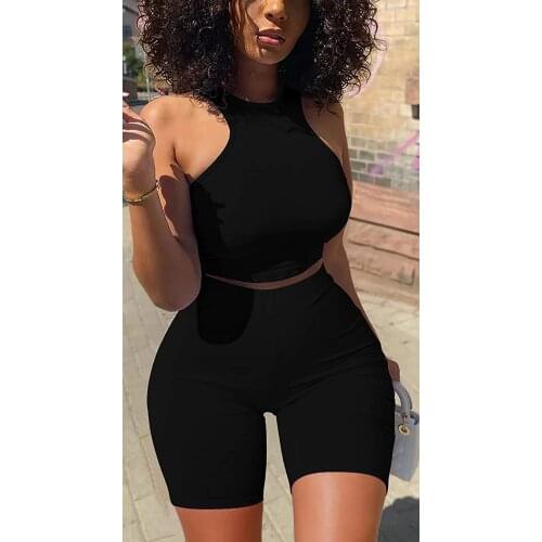 Women Solid Color Yoga Running Sets Summer Skinny Two-Pieces Sportswear Streetwear Sleeveless Halter Crop Tops+Shorts Female Set