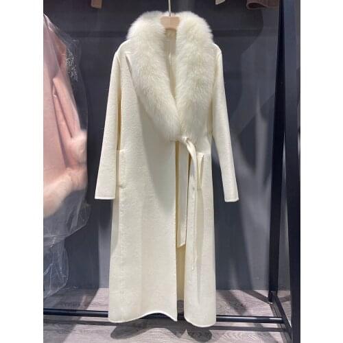 Hot Sale Real Wool Coat With Natural Fox Fur Collar Long Wool Cashmere Winter Warm Jacket