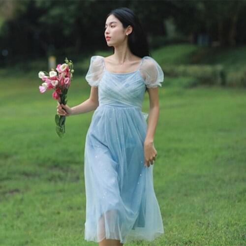 Womens Puff Sleeve Princess Dress Net Yarn Fairy Sequins Sweet Summer Party Dress Blue Gentle Vestidos de fiesta