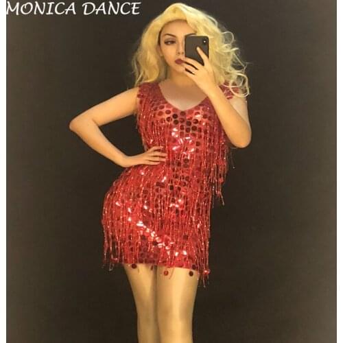 Women Sexy Stage Mesh Red Tassel Dress Full Sparkling Paillette Nightclub Birthday Party Stage Wear Dancer Singer Bling Costumes