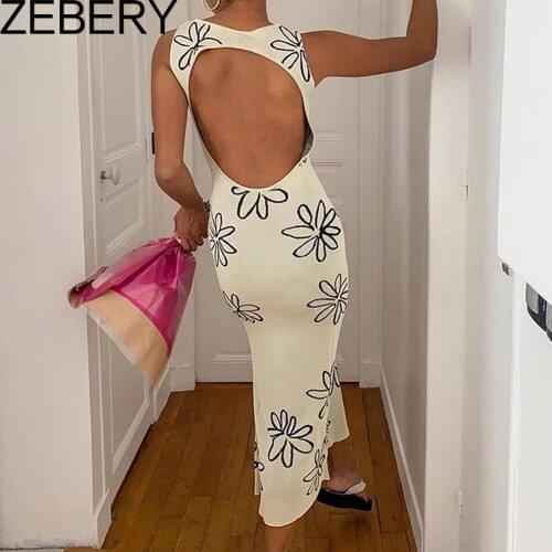 ZEBERY 2021 O Neck Knitted Bodycon Dress Women Summer Split Backless Sleeveless Y2K Beach Sexy Midi Party Dresses