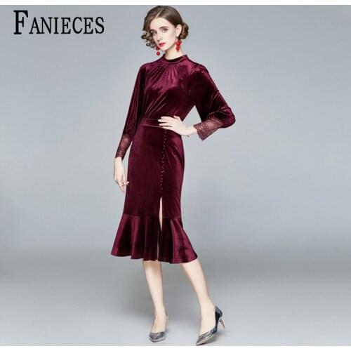 2020 Runway Winter Evening Party Red Velvet Dress Women Long Sleeve Vintage Mermaid Dresses Vestido femme robe вечернее платье