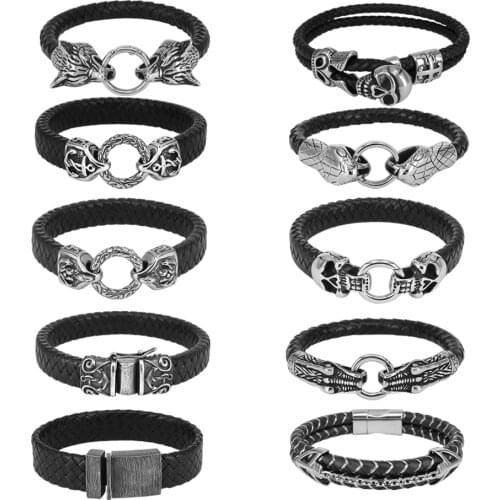 ZS Black Braided Leather Bracelet Punk Skull Anchor Bracelets 316L Stainless Steel Male Jewelry Hip Hop Wrist Band Gifts for Men