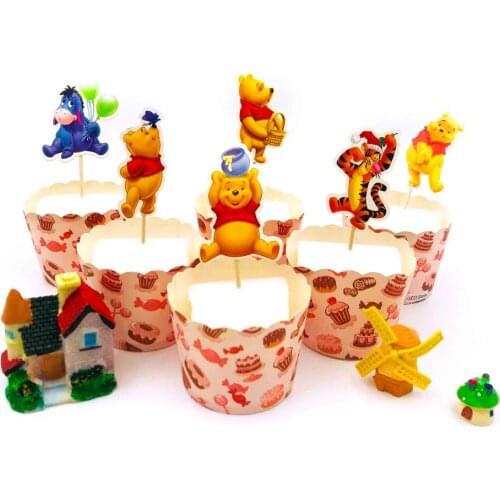 24pcs Winnie Bear Cupcake Cake Topper Happy Birthday Cake Stick For Family Birthday Party Baking Decoration Supplies