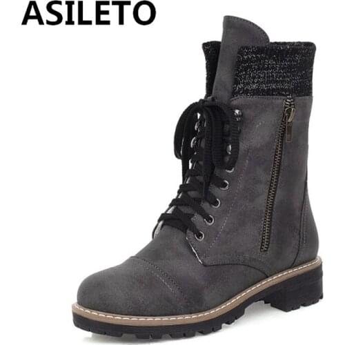 ASILETO Winter thick fur Ankle Boots Round Toe Square Heel Lace up Cross-tied Platforms Big size 33-44 Casual Party S1758