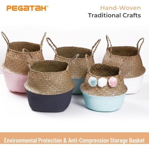 Binaural Straw Storage Basket Folding Straw Flower Basket Dried Rattan Hanging Dirty Clothes Hamper Flower Storage Flower Pot