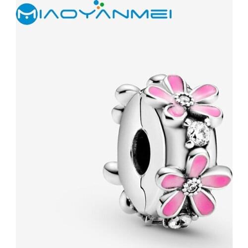 2020 Spring fit Original Pandora Bracelets New 925 Sterling Silver Beads Pink Daisy Flower Clip Charms Women DIY Fashion Jewelry