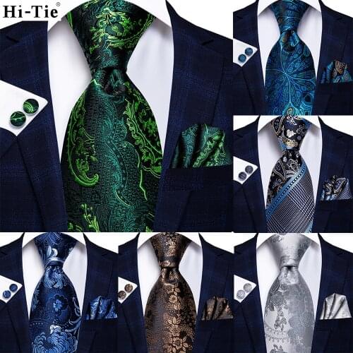 Hi-Tie Mens Green Navy Blue Floral Silk Wedding Tie For Men Hanky Cufflink Gift Tie Set Business Party Dropshipping New Designer