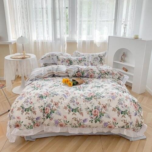 100%cotton Fresh Garden Style bedding set 3/4 Pieces soft Pink-Purple Yellow Flower Printed Reversible Duvet Cover with Zipper