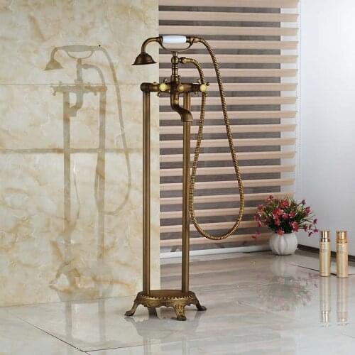 Brass Antique Freestanding Two Handle Tub Filler Dual Handles Bathtub Mixer Faucet Taps