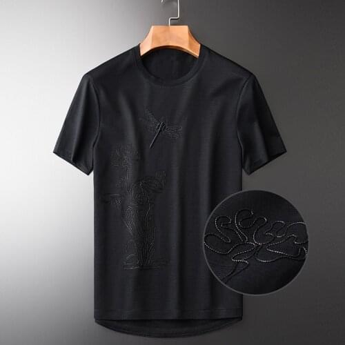 Linen Mens Luxury Dragonfly Embroidery Short Sleeve Men Plus Size 4xl Black Slim Casual T-shirts Man