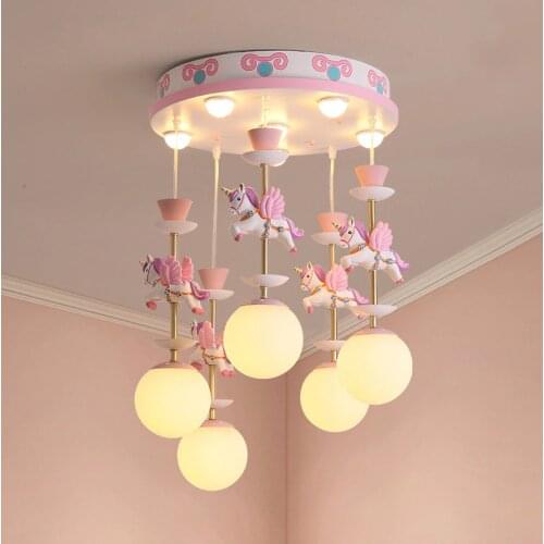 Childrens Room Cartoon LED Chandelier Creative Girls Nordic Creative Unicorn Pink Chandelier Restaurant Bedroom Hanging Lamp