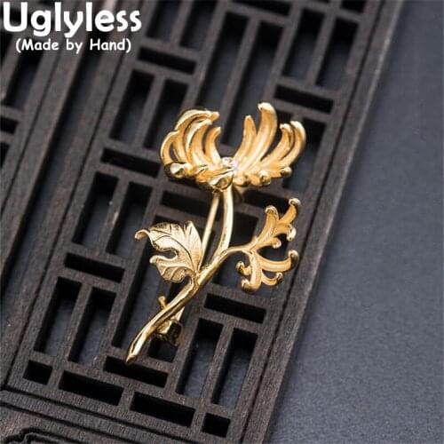 Uglyless Blooming Chrysanthemum Jewelry for Women Elegant Gold Brooches 925 Silver Floral Pins Men Suits Dress Brooches Fashion