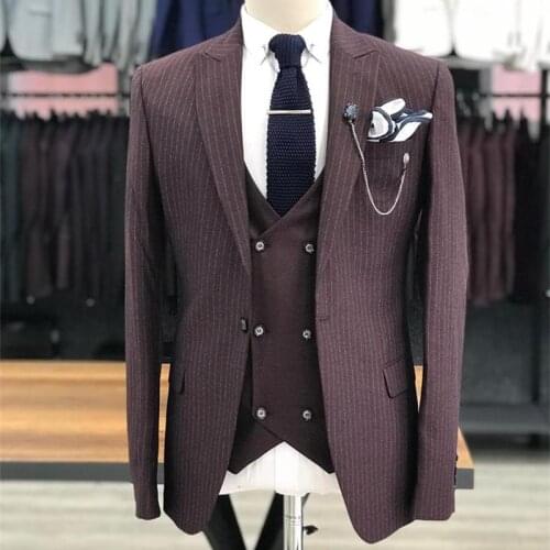 Burgundy Mens Suit for the Groom Three Pieces Herringbone Costume Homme Mariage Peaky Blinders Latest Coat Design Jacket Pants