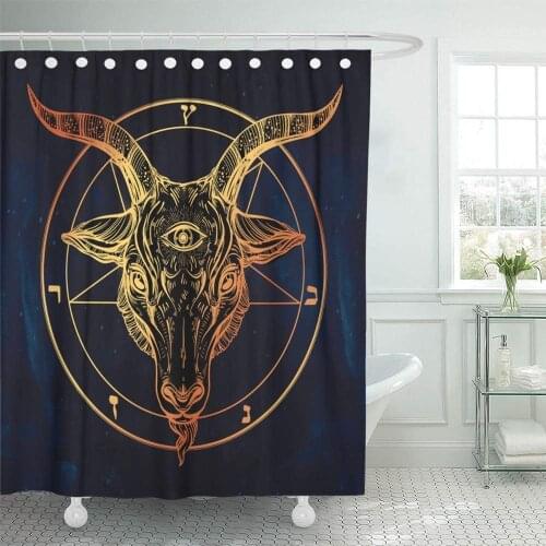 Polyester Fabric Pentagram With Demon Baphomet Satanic Goat Shower Curtain Head With Third Eye Binary Symbol