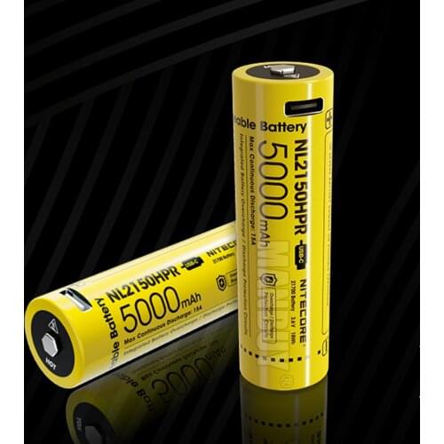 NITECORE NL2150HPR 5000mAh 3.6V High Drain Protected Lithium Ion Rechargeable Battery 21700 with USB-C Charging Port Button Top