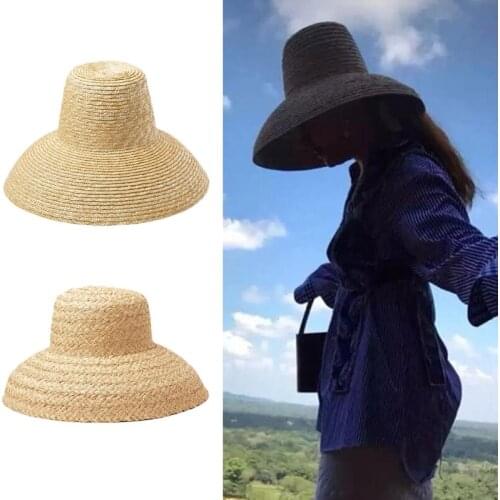 European Vintage Droop Wide Brim Woven Straw Sun Hat Retro Flat Top UV Protection Sunscreen Travel Vacation Beach Cap