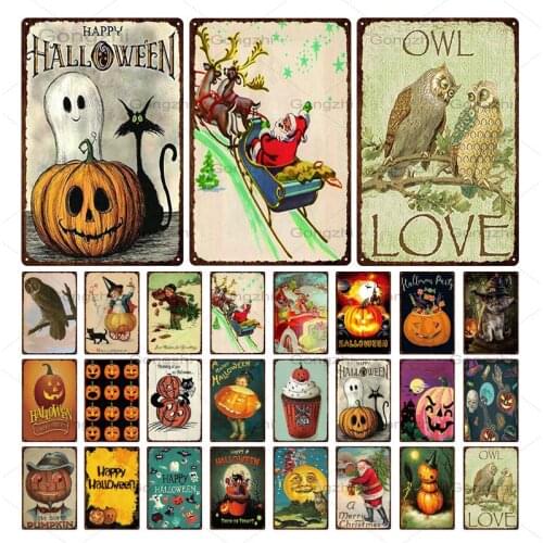 Holiday Celebration Metal Sign Halloween Pumpkin Owl Ghost Face Lamp Tin Sign Iron Painting Metal Plaque Festival Gift 20*30 Cm