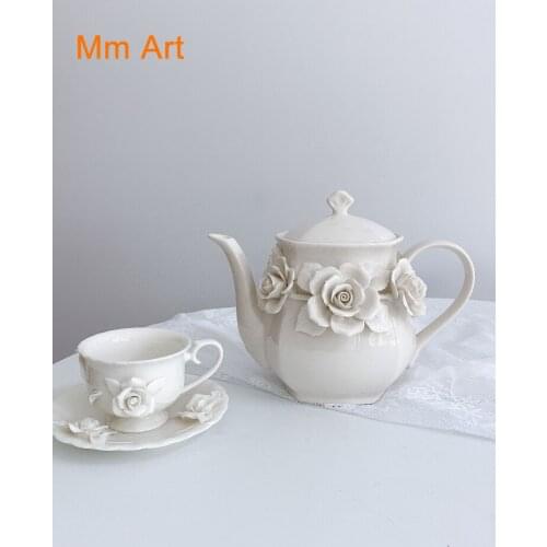Handmade White Three-Dimensional Flower Teapot Cup and Saucer Set