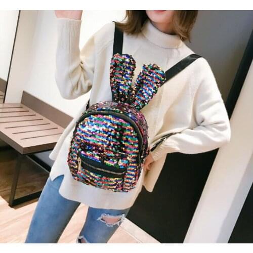 1 piece Sequin Faux Fur Rabbit Ears Backpacks Girls Glitter PU Leather School Kindergarten Shoulder Bags Handbag