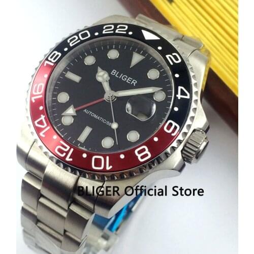Sapphire Crystal 40mm BLIGER Black Dial Red Black Bezel Red GMT Pointer Luminous Marks Mechanical Automatic Movement Mens Watch