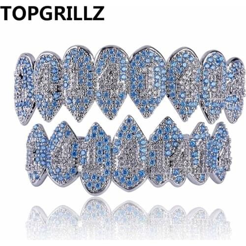 TOPGRILLZ 1414 Hip Hop Iced Out Fangs Teeth Grillz Top & Bottom Grills Dental Mouth Punk Teeth Caps Cosplay Party Rapper Jewelry