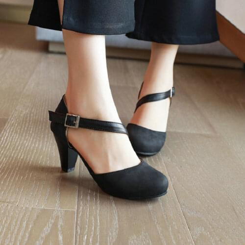 ZawsThia 2021 Summer Round Toe Retro Lady Pumps Two Pieces Side Buckle Strap Women Spike High Heels Mary Janes Sandals Size 48