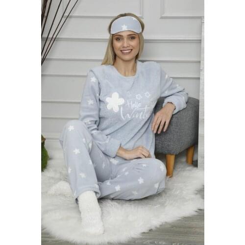 Womens Blue Hello Winter Pattern Plush Pajamas set Stylish Design Pleasant View Quality Product Handy Trend 2021 Style New Fashion