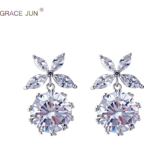 GRACE JUN High-grade Flower Bowknot Round CZ Clip on Earrings No Pierced for Women Luxury Bridesmaid Wedding No Hole Earrings