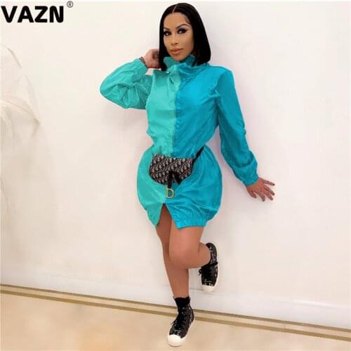 VAZN Fashion Zippers Patchwork Hip Pop Night Club Sexy Slim Young Dress 2020 Full Sleeve Sport Casual Lady Dress