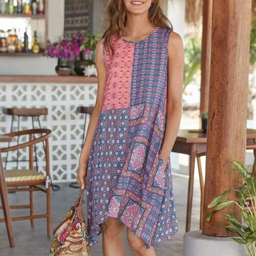Summer Bohemian Women Dress Patchwork Sleeveless Floral Print Knee-length Loose Dress for Office vestidos dresses for women 2021