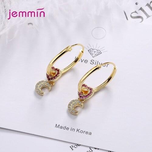 925 Sterling Silver Gold Statement Moon Heart Earings For Women Girls CZ Crystal Fashion Jewelry Trendy 2020 Wholesale