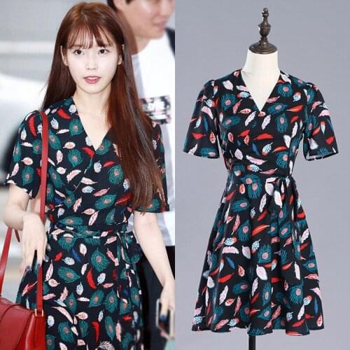 2020 Korean Fashion Dress Summer Women Short Sleeve V Neck Sexy Mini Dresses Leaves Printed Chiffon Dress Laides YQ466