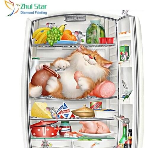 5D DIY Diamond Painting Cat In Fridge Cross Stitch Diamond Embroidery Cartoon Mosaic Rhinestones Full Square Home Decor XY1