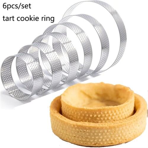 6pc Circular Stainless Steel Tart Ring Bottom Tower Pie Cake Mold Baking Tools Heat-Resistant Perforated Cake Mousse Baking Tool